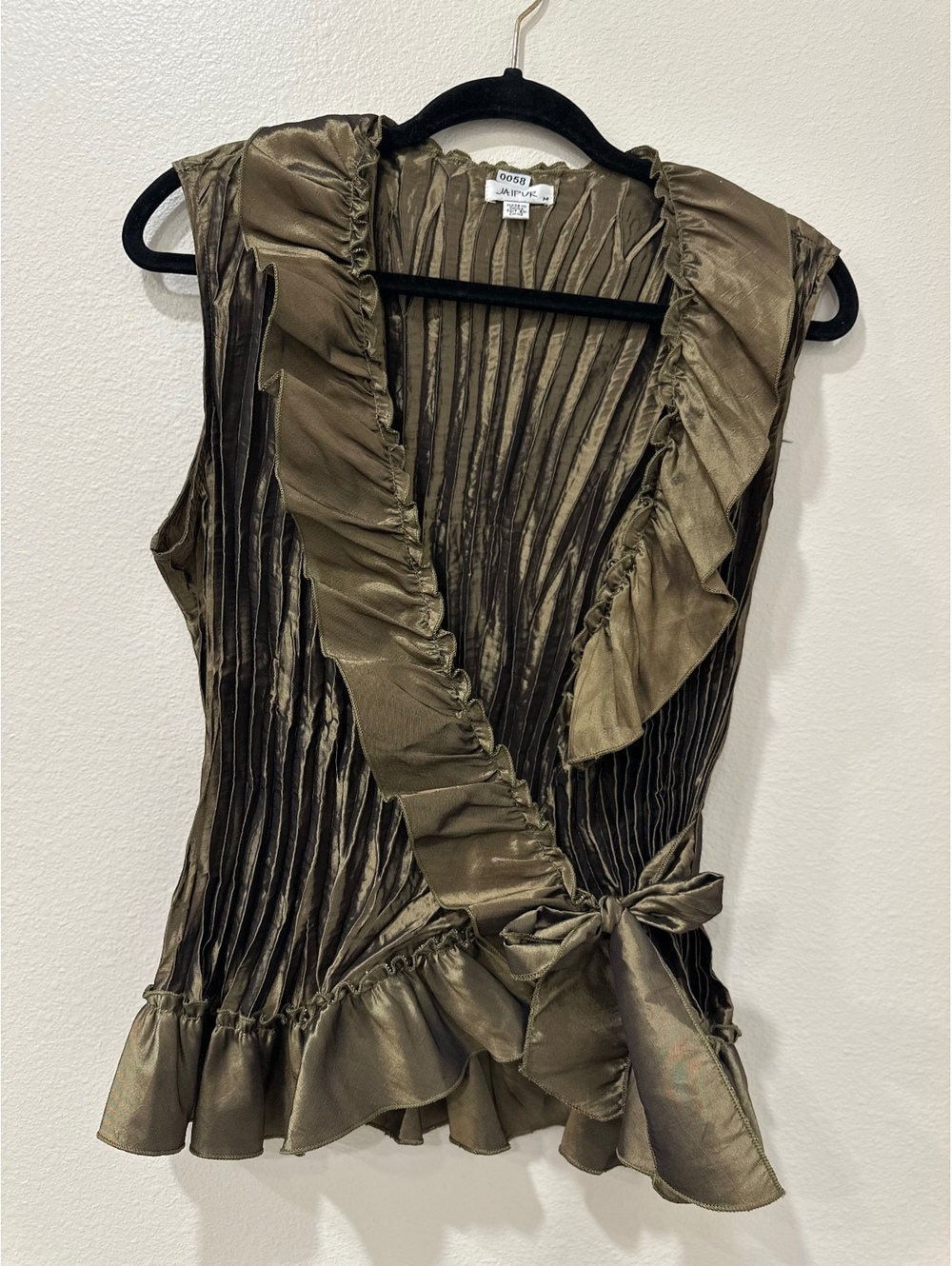 Jaipur Women's Medium Brownish Olive Sleeveless Ruffled Wrap Top Size M